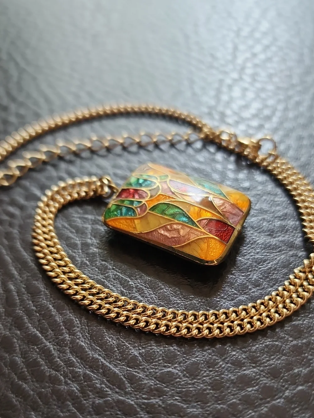 Multicolor Enamel Mosaic Pendant Necklace in Gold Tone